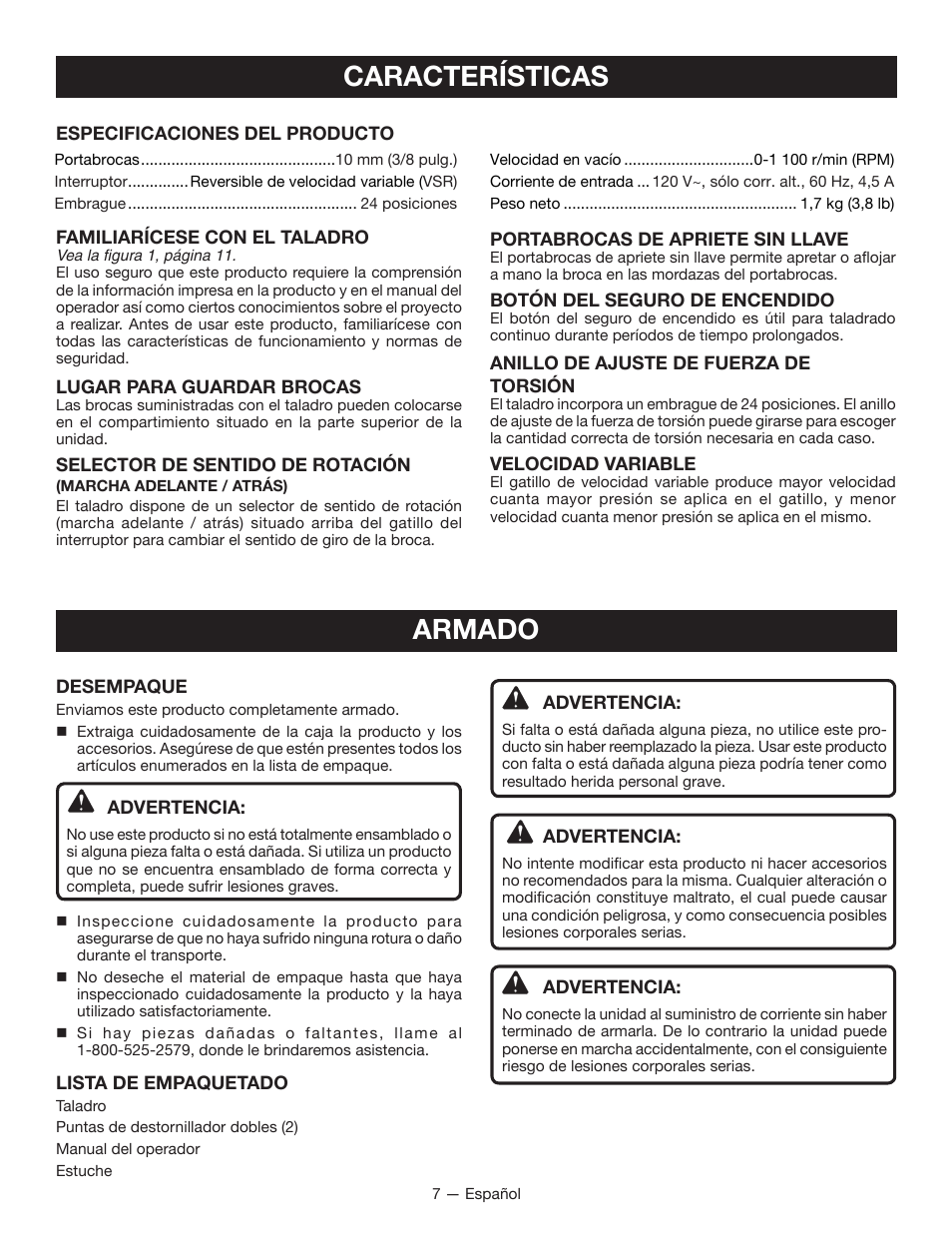 Características, Armado | Ryobi D46C User Manual | Page 25 / 32