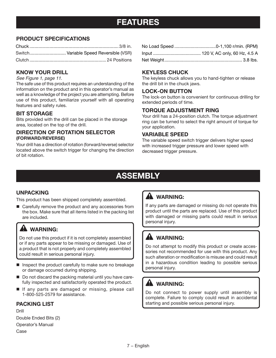 Features, Assembly | Ryobi D46C User Manual | Page 7 / 32