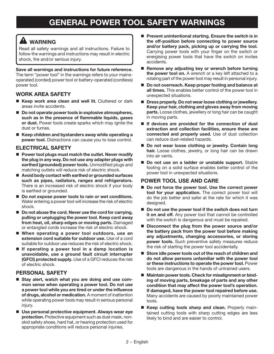 General power tool safety warnings | Ryobi D47C User Manual | Page 2 / 28