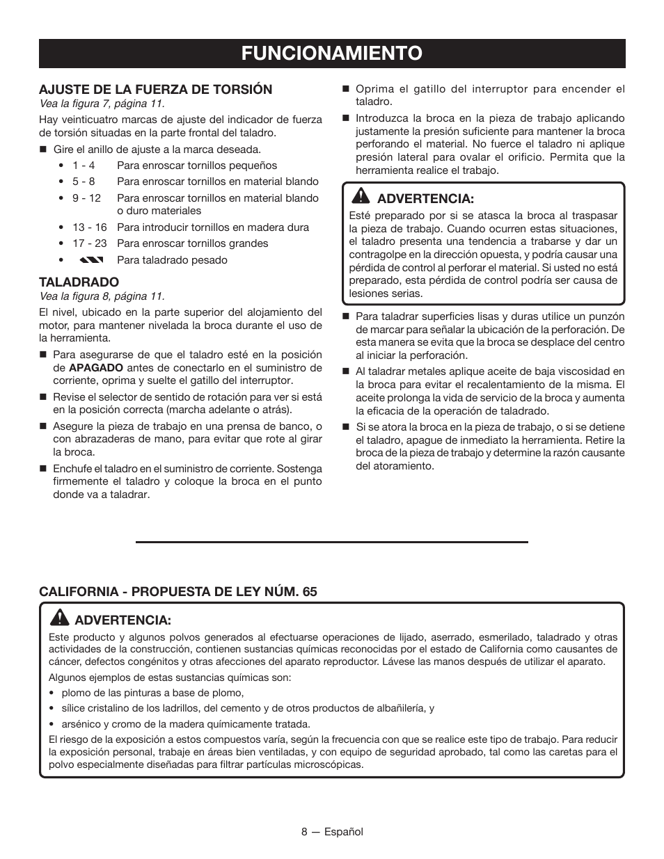 Funcionamiento | Ryobi D47C User Manual | Page 24 / 28