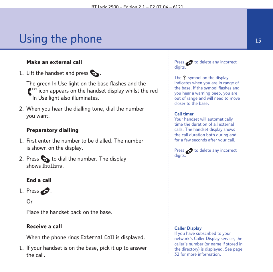 Using the phone | BT LYRIC 2500 User Manual | Page 15 / 73
