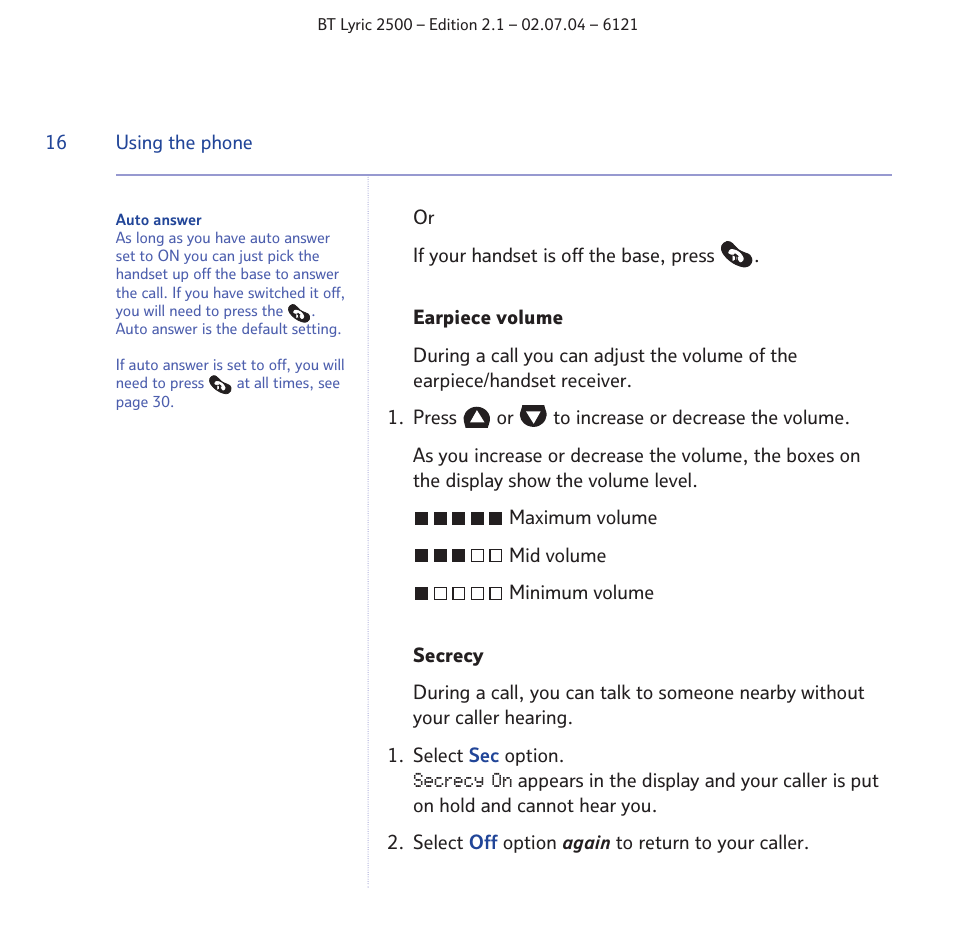 BT LYRIC 2500 User Manual | Page 16 / 73