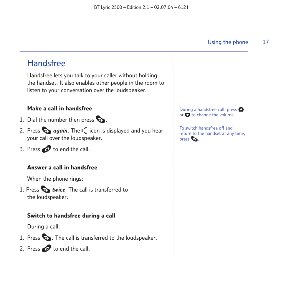 Handsfree | BT LYRIC 2500 User Manual | Page 17 / 73
