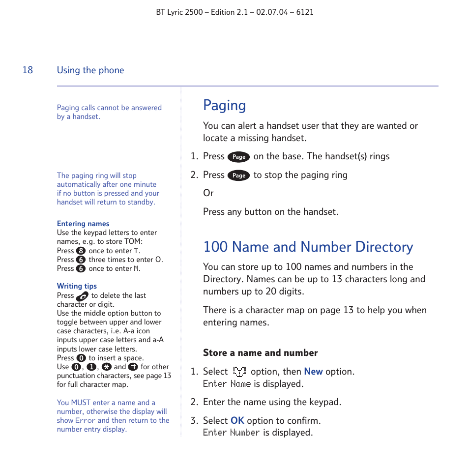 Paging, 100 name and number directory | BT LYRIC 2500 User Manual | Page 18 / 73