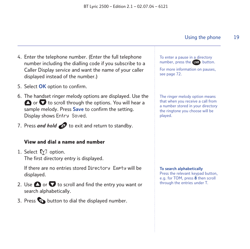 BT LYRIC 2500 User Manual | Page 19 / 73