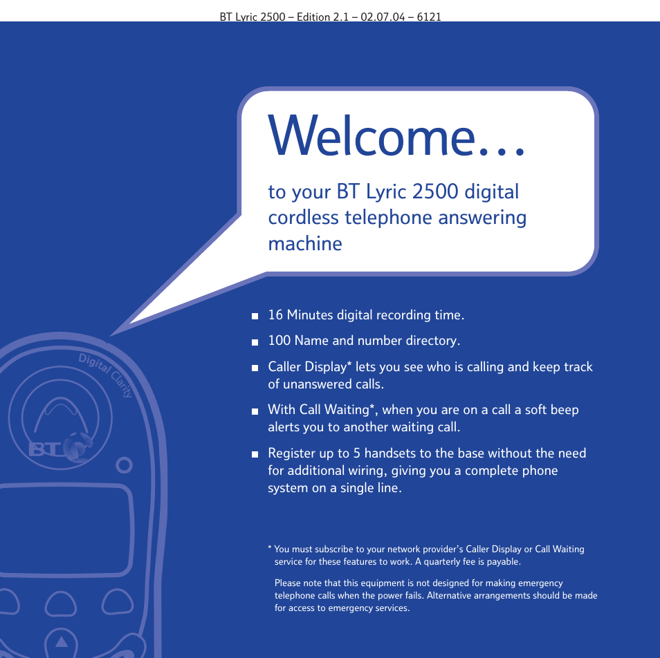 Welcome | BT LYRIC 2500 User Manual | Page 2 / 73