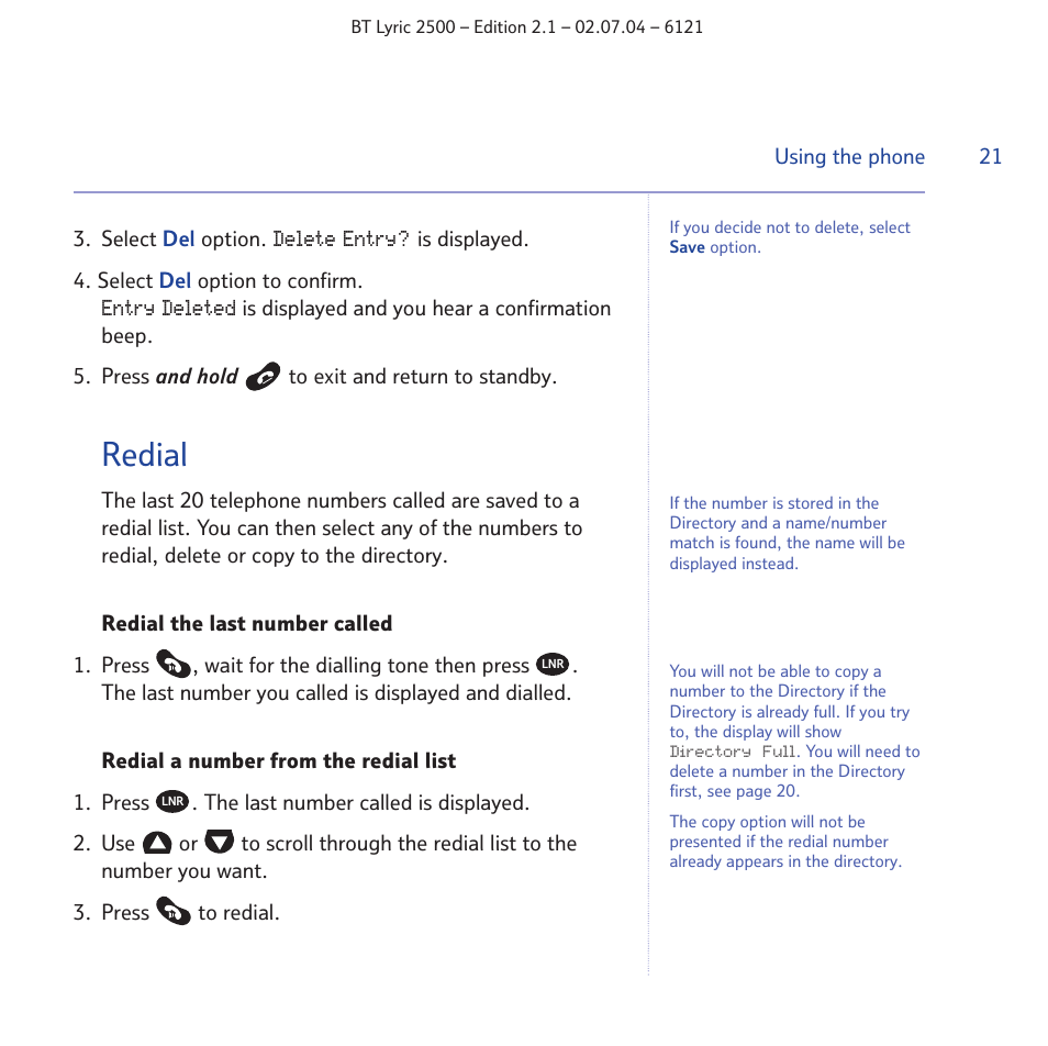 Redial | BT LYRIC 2500 User Manual | Page 21 / 73