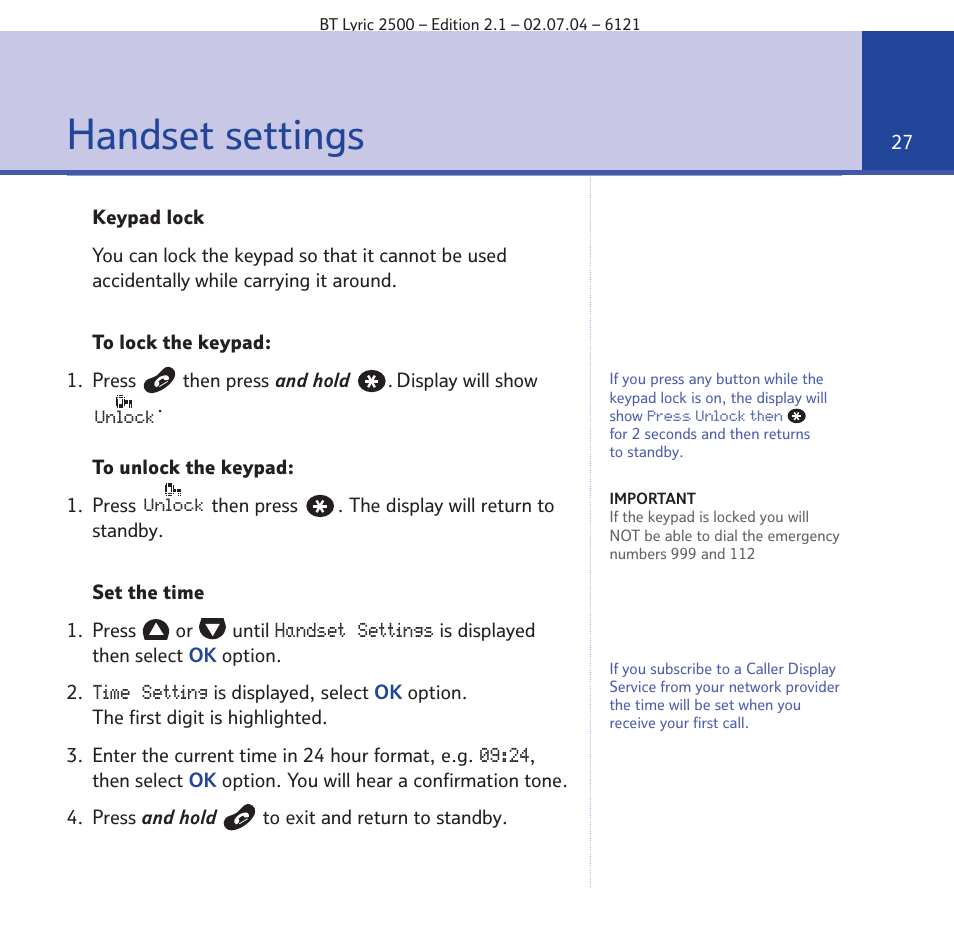 Handset settings | BT LYRIC 2500 User Manual | Page 27 / 73