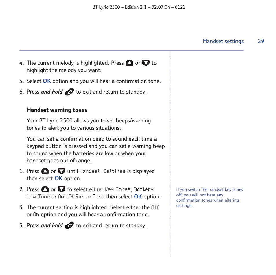 BT LYRIC 2500 User Manual | Page 29 / 73