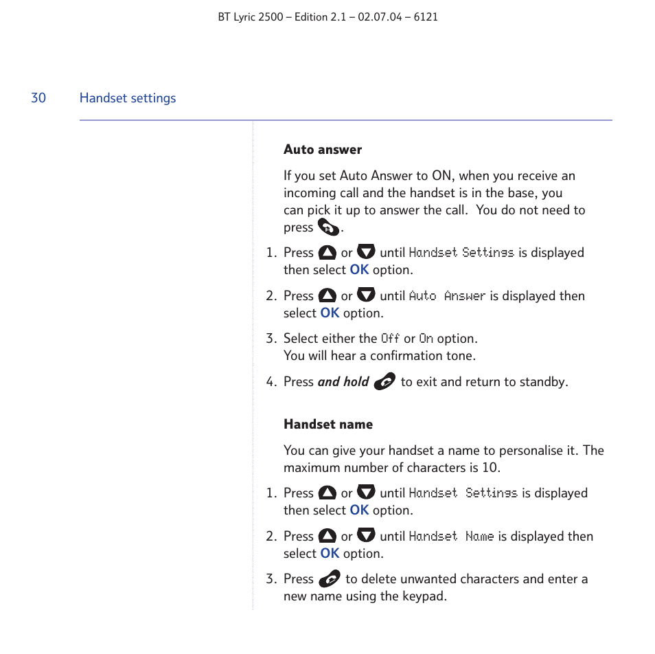 BT LYRIC 2500 User Manual | Page 30 / 73