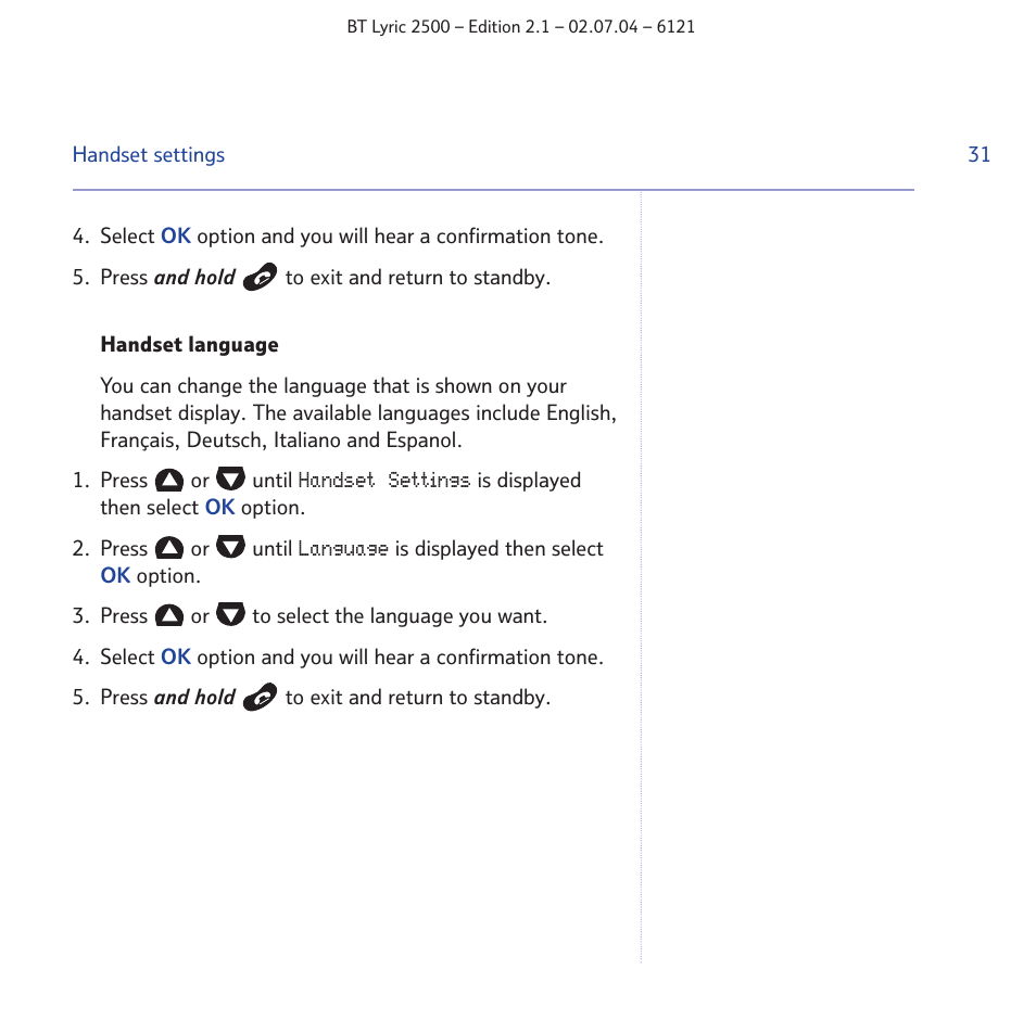 BT LYRIC 2500 User Manual | Page 31 / 73