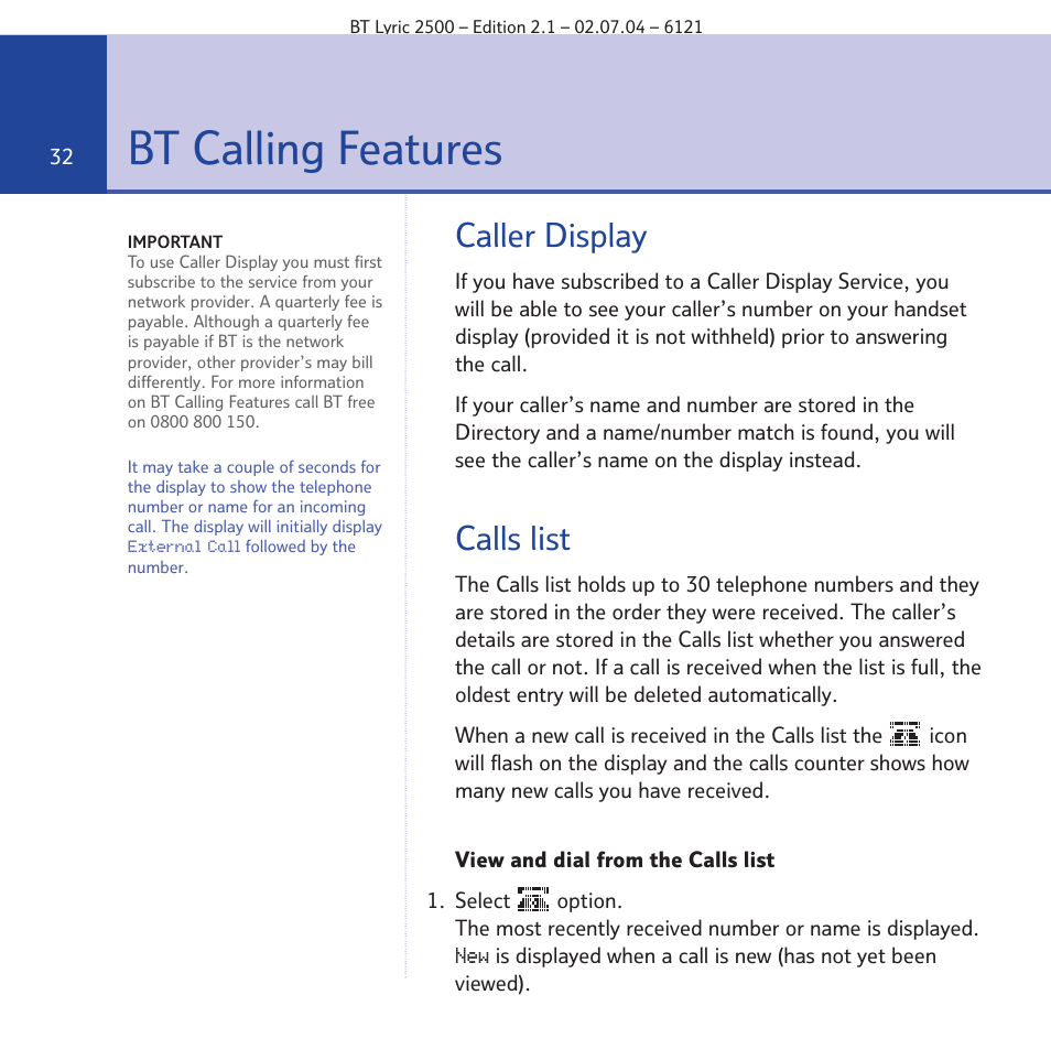 Bt calling features, Caller display, Calls list | BT LYRIC 2500 User Manual | Page 32 / 73