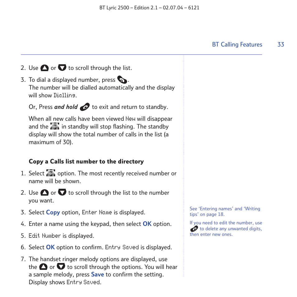 BT LYRIC 2500 User Manual | Page 33 / 73