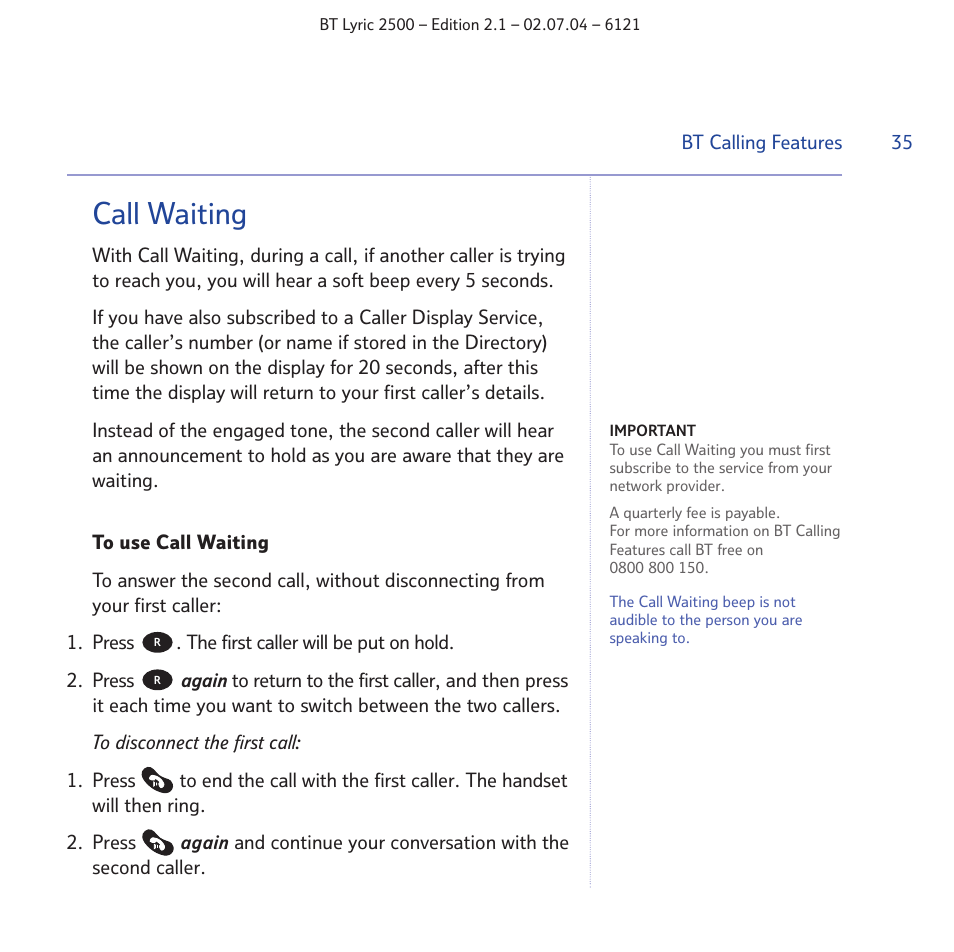 Call waiting | BT LYRIC 2500 User Manual | Page 35 / 73