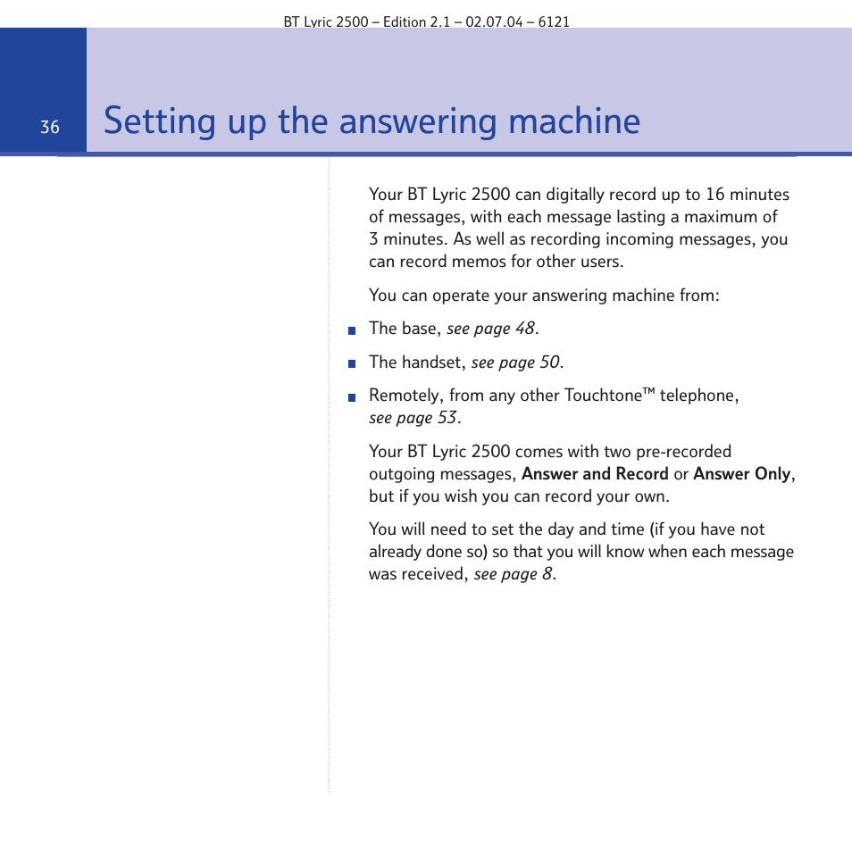 Setting up the answering machine | BT LYRIC 2500 User Manual | Page 36 / 73
