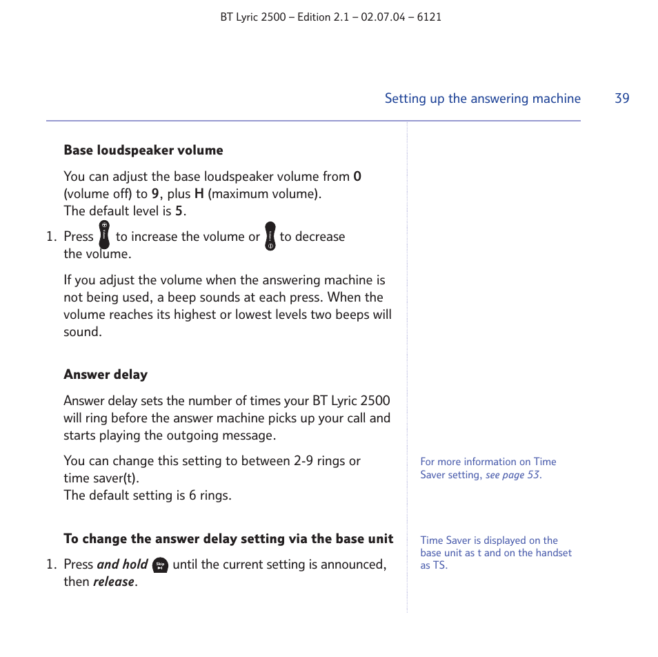 Setting up the answering machine | BT LYRIC 2500 User Manual | Page 39 / 73