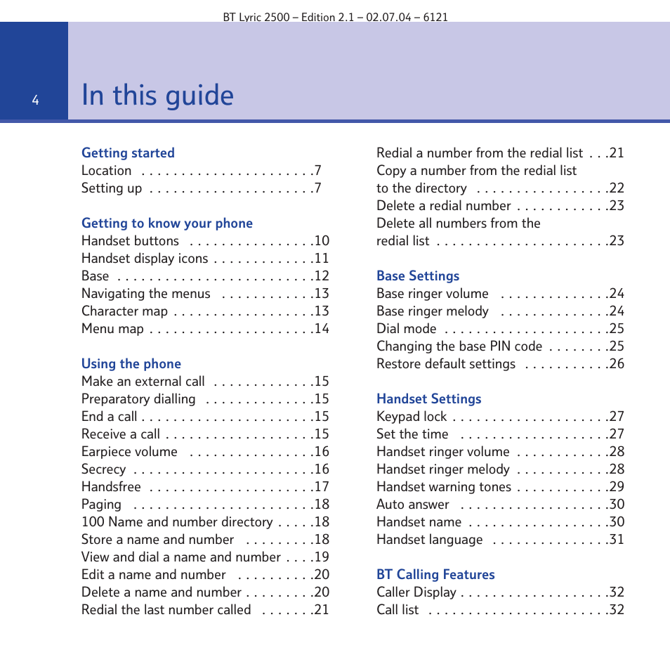 BT LYRIC 2500 User Manual | Page 4 / 73