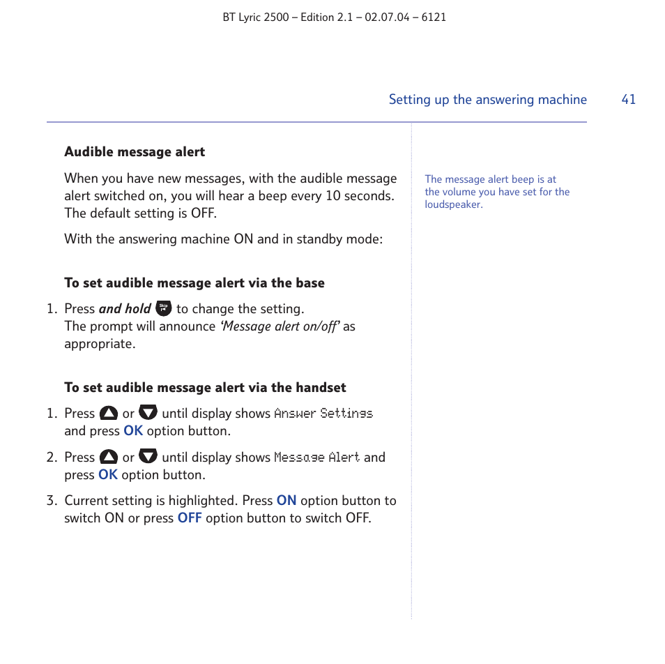 BT LYRIC 2500 User Manual | Page 41 / 73