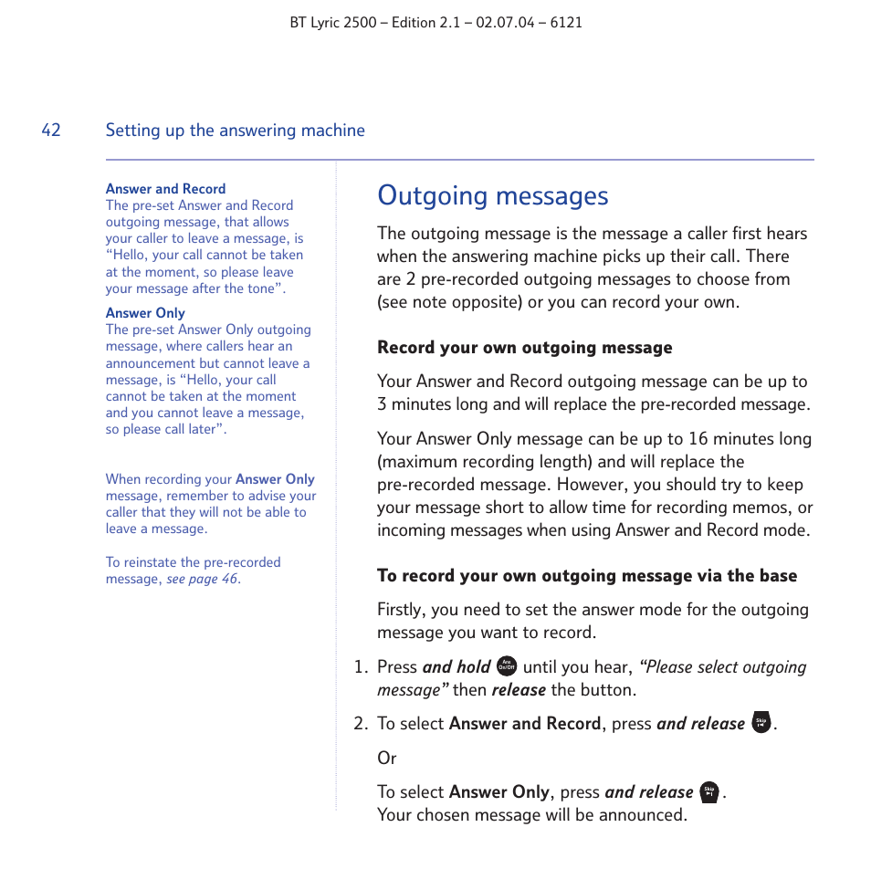Outgoing messages | BT LYRIC 2500 User Manual | Page 42 / 73