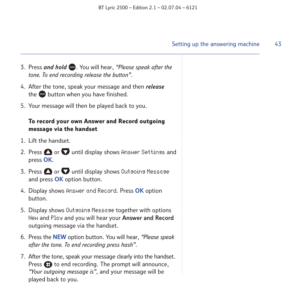 BT LYRIC 2500 User Manual | Page 43 / 73