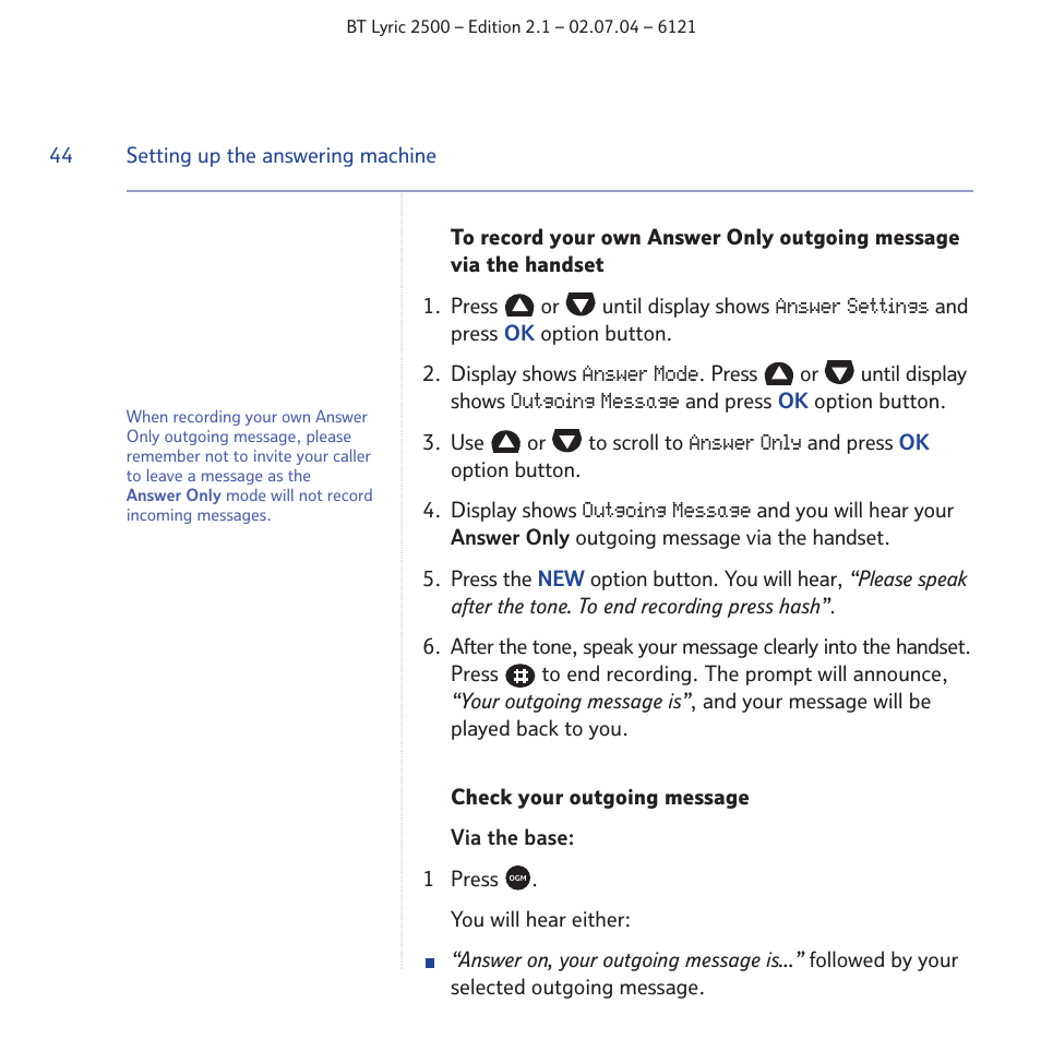 BT LYRIC 2500 User Manual | Page 44 / 73