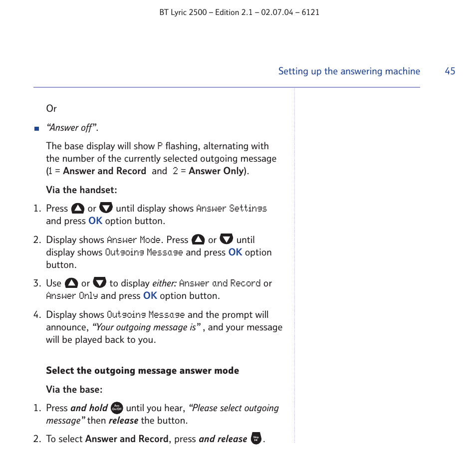 BT LYRIC 2500 User Manual | Page 45 / 73