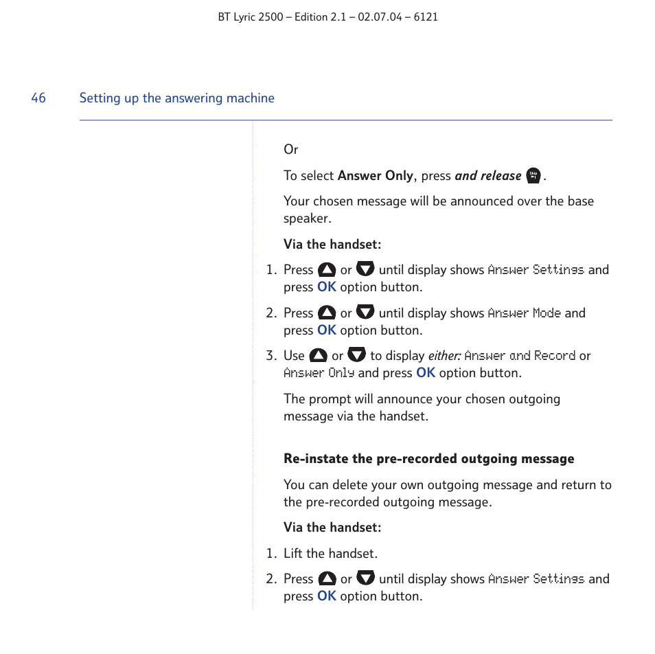 BT LYRIC 2500 User Manual | Page 46 / 73