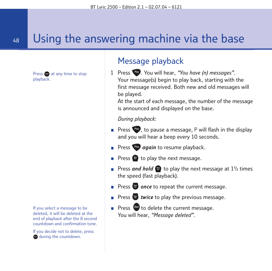 Using the answering machine via the base, Message playback | BT LYRIC 2500 User Manual | Page 48 / 73