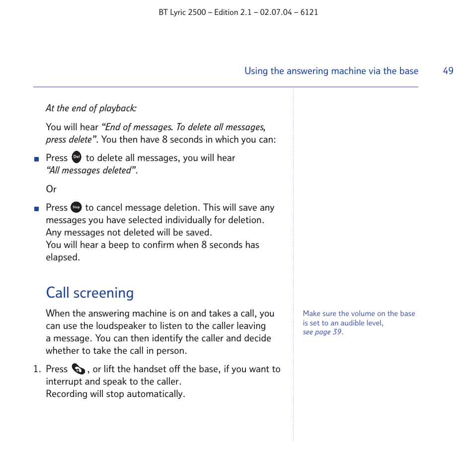 Call screening | BT LYRIC 2500 User Manual | Page 49 / 73