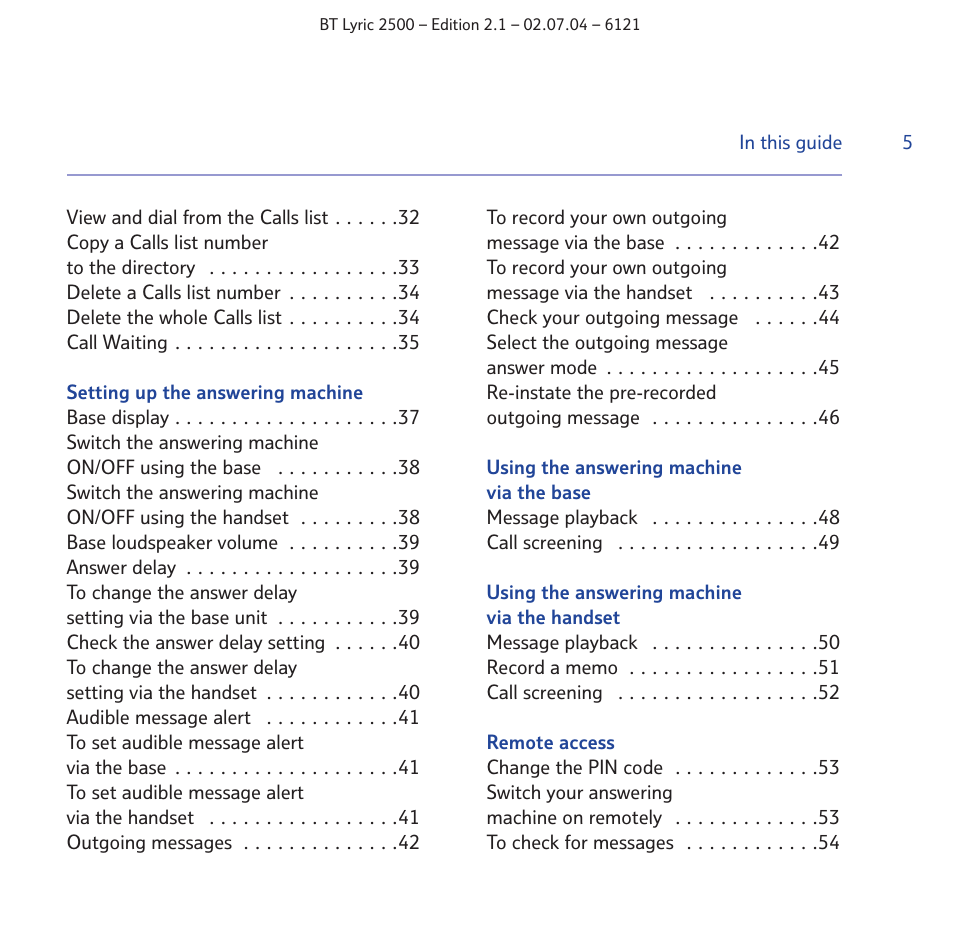 BT LYRIC 2500 User Manual | Page 5 / 73