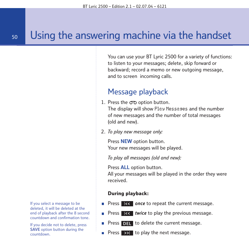 Using the answering machine via the handset, Message playback | BT LYRIC 2500 User Manual | Page 50 / 73