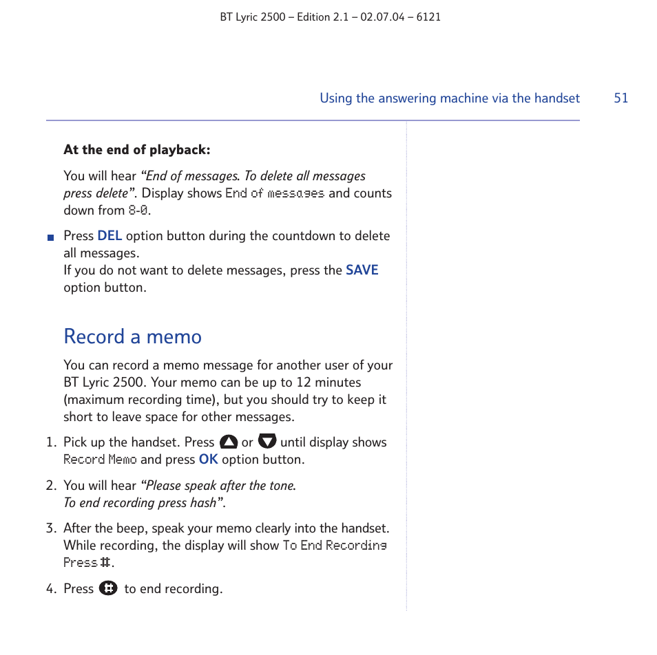 BT LYRIC 2500 User Manual | Page 51 / 73