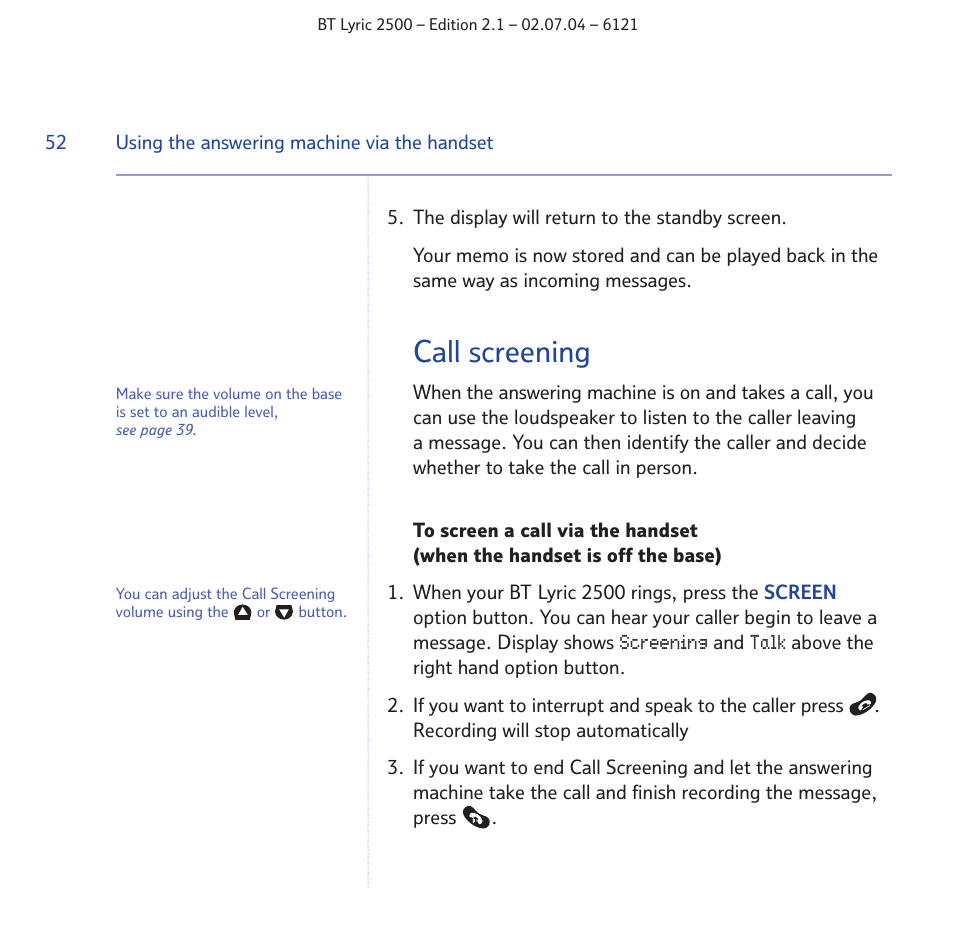 Call screening | BT LYRIC 2500 User Manual | Page 52 / 73