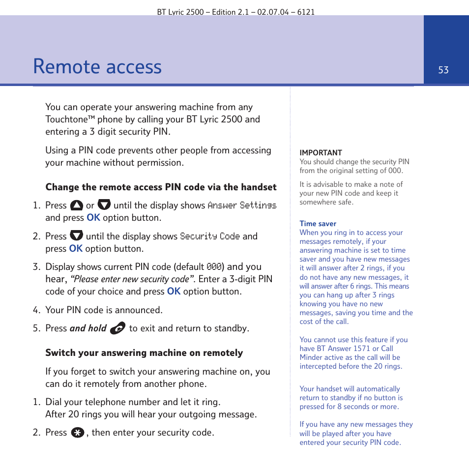 Remote access | BT LYRIC 2500 User Manual | Page 53 / 73