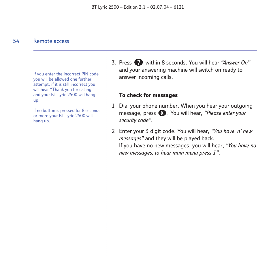 BT LYRIC 2500 User Manual | Page 54 / 73