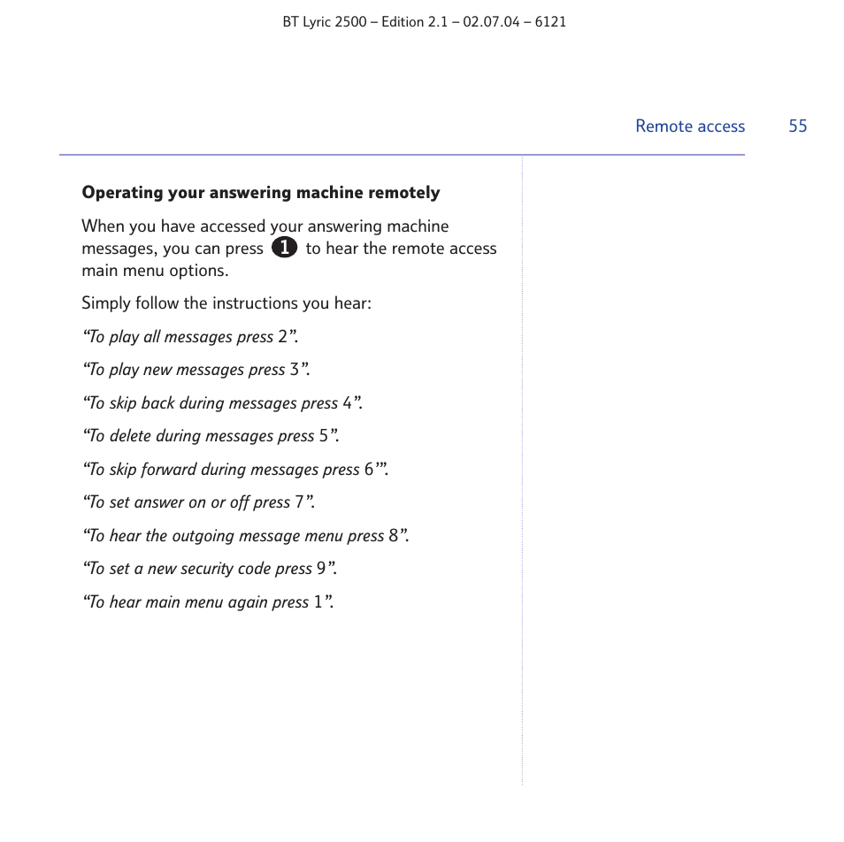 BT LYRIC 2500 User Manual | Page 55 / 73