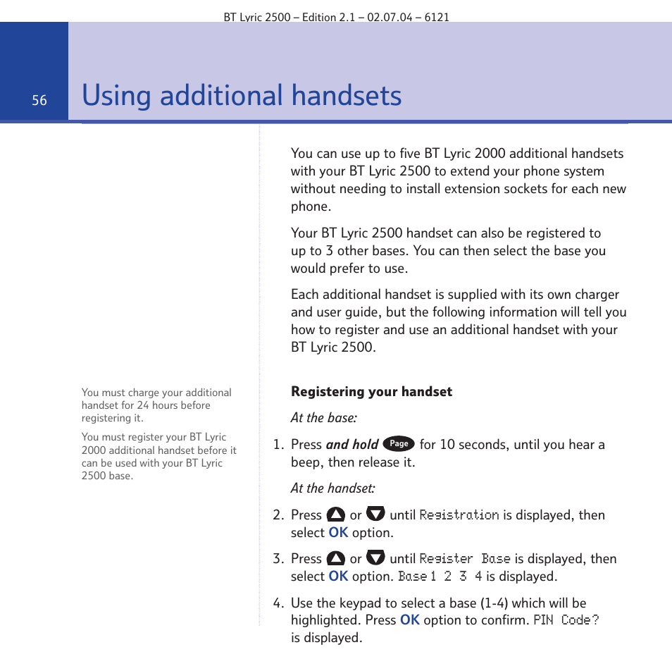 Using additional handsets | BT LYRIC 2500 User Manual | Page 56 / 73