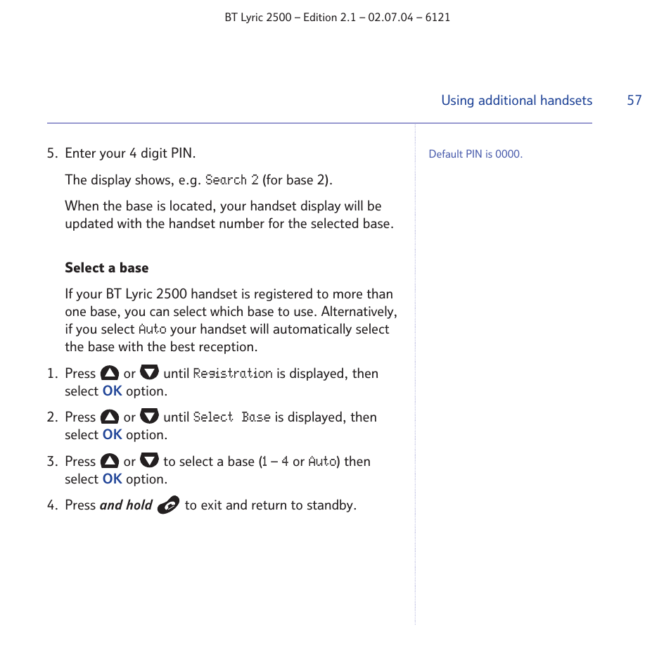 BT LYRIC 2500 User Manual | Page 57 / 73