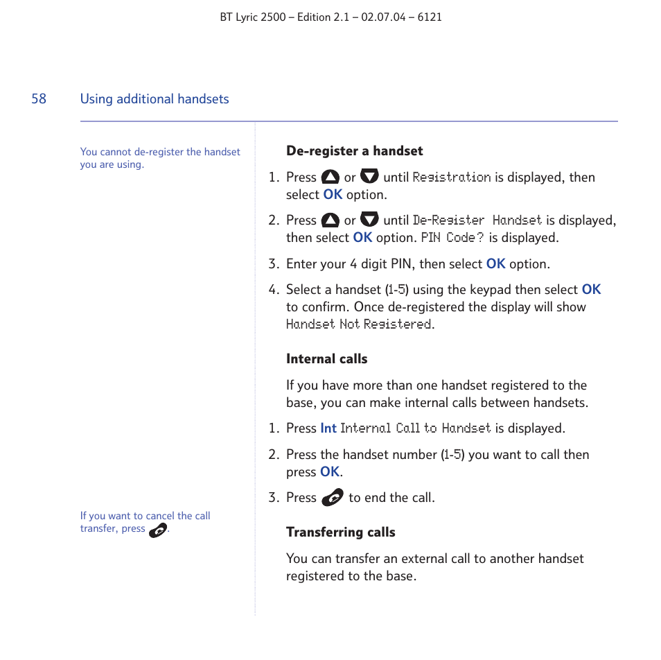 BT LYRIC 2500 User Manual | Page 58 / 73