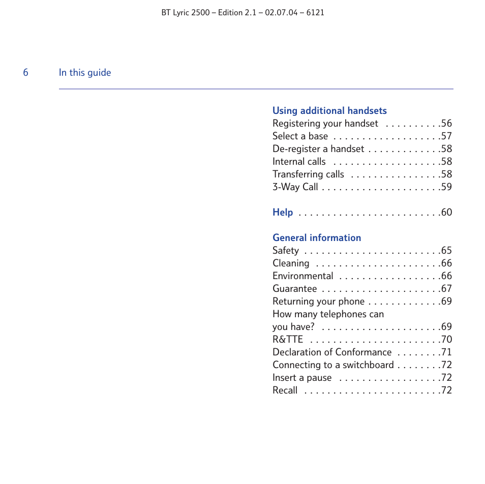 BT LYRIC 2500 User Manual | Page 6 / 73