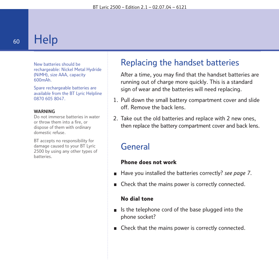 Help, Replacing the handset batteries, General | BT LYRIC 2500 User Manual | Page 60 / 73