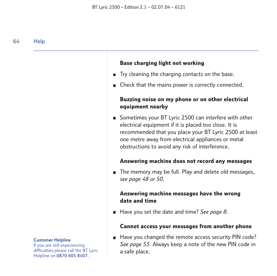 BT LYRIC 2500 User Manual | Page 64 / 73