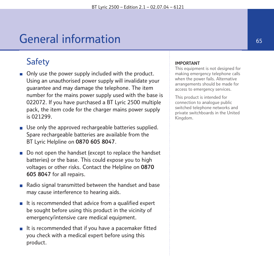 General information, Safety | BT LYRIC 2500 User Manual | Page 65 / 73