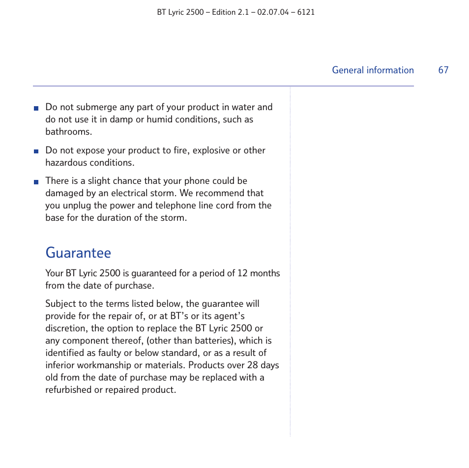 Guarantee | BT LYRIC 2500 User Manual | Page 67 / 73
