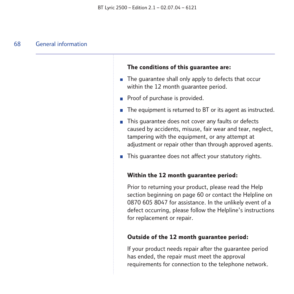 BT LYRIC 2500 User Manual | Page 68 / 73