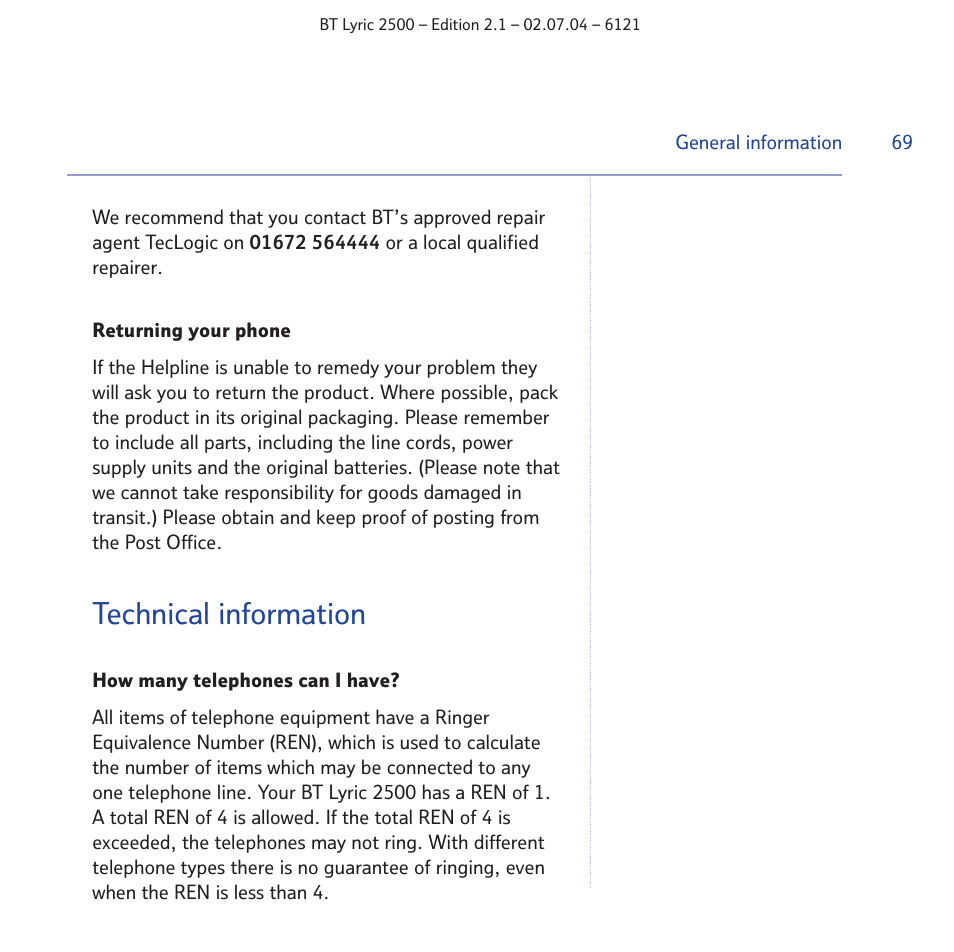 Technical information | BT LYRIC 2500 User Manual | Page 69 / 73