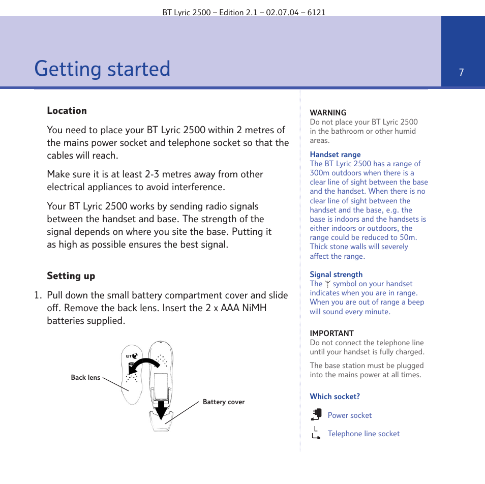Getting started | BT LYRIC 2500 User Manual | Page 7 / 73