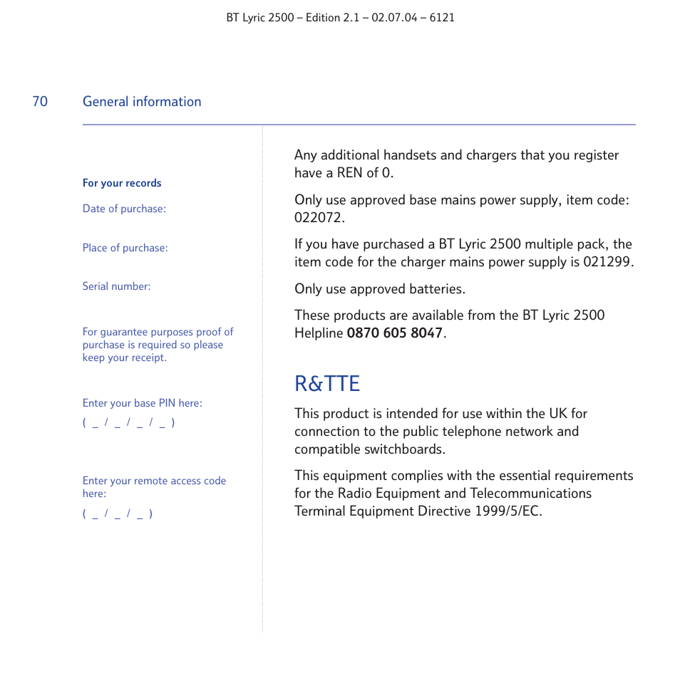 R&tte | BT LYRIC 2500 User Manual | Page 70 / 73