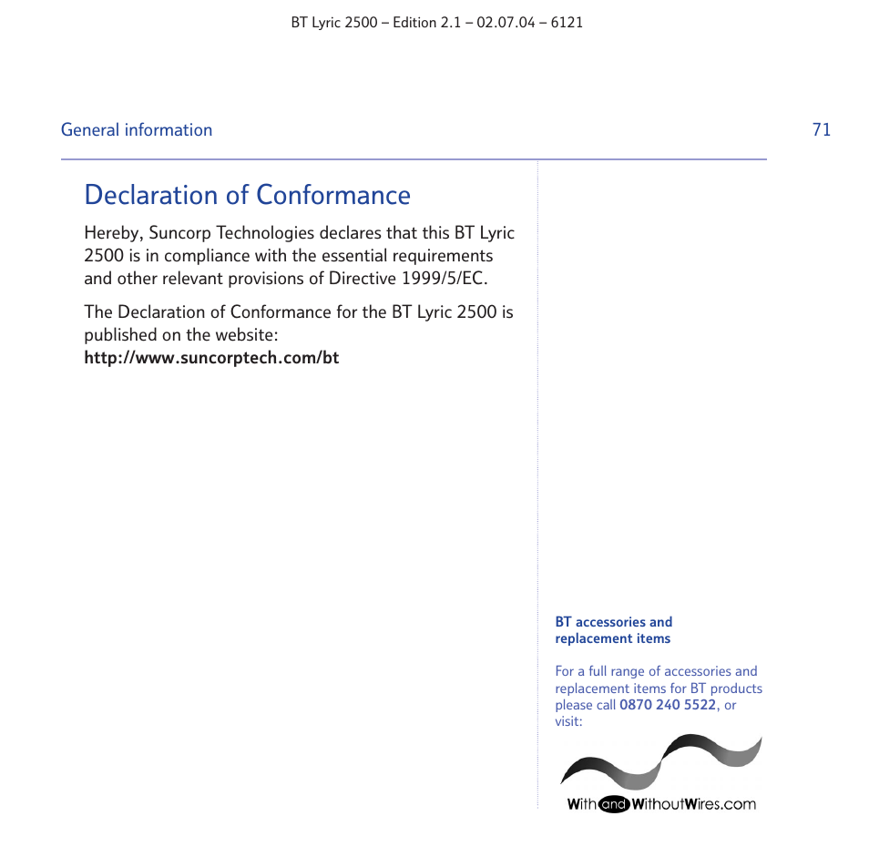 Declaration of conformance | BT LYRIC 2500 User Manual | Page 71 / 73