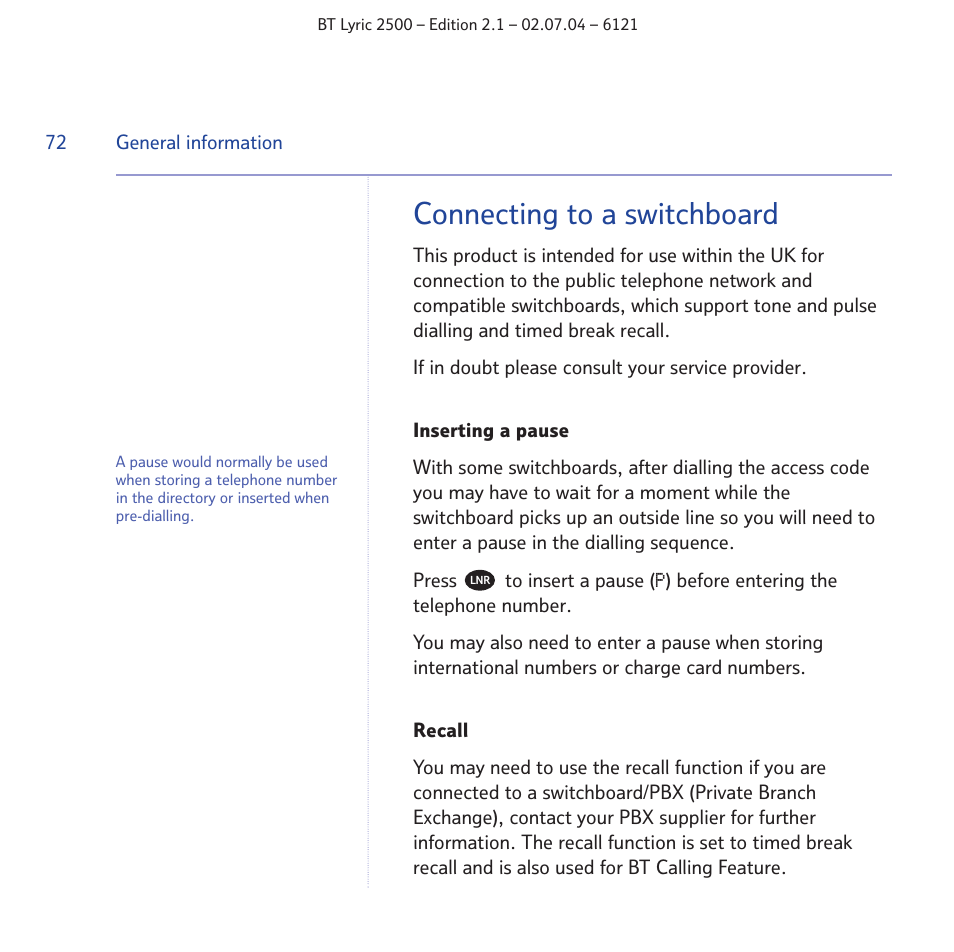 Connecting to a switchboard | BT LYRIC 2500 User Manual | Page 72 / 73
